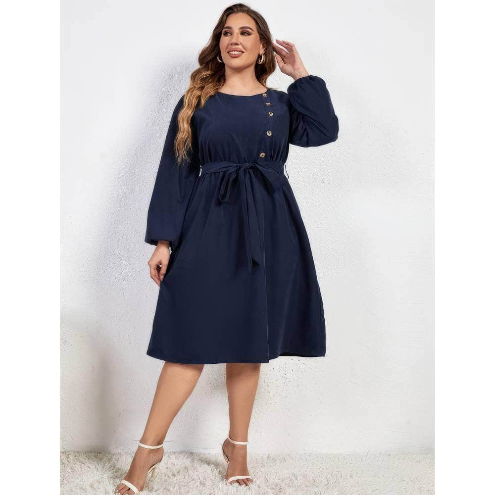 Plus Size Buttoned Detail Tie Waist A-line Dress