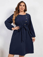 Plus Size Buttoned Detail Tie Waist A-line Dress US 16-18 / Navy