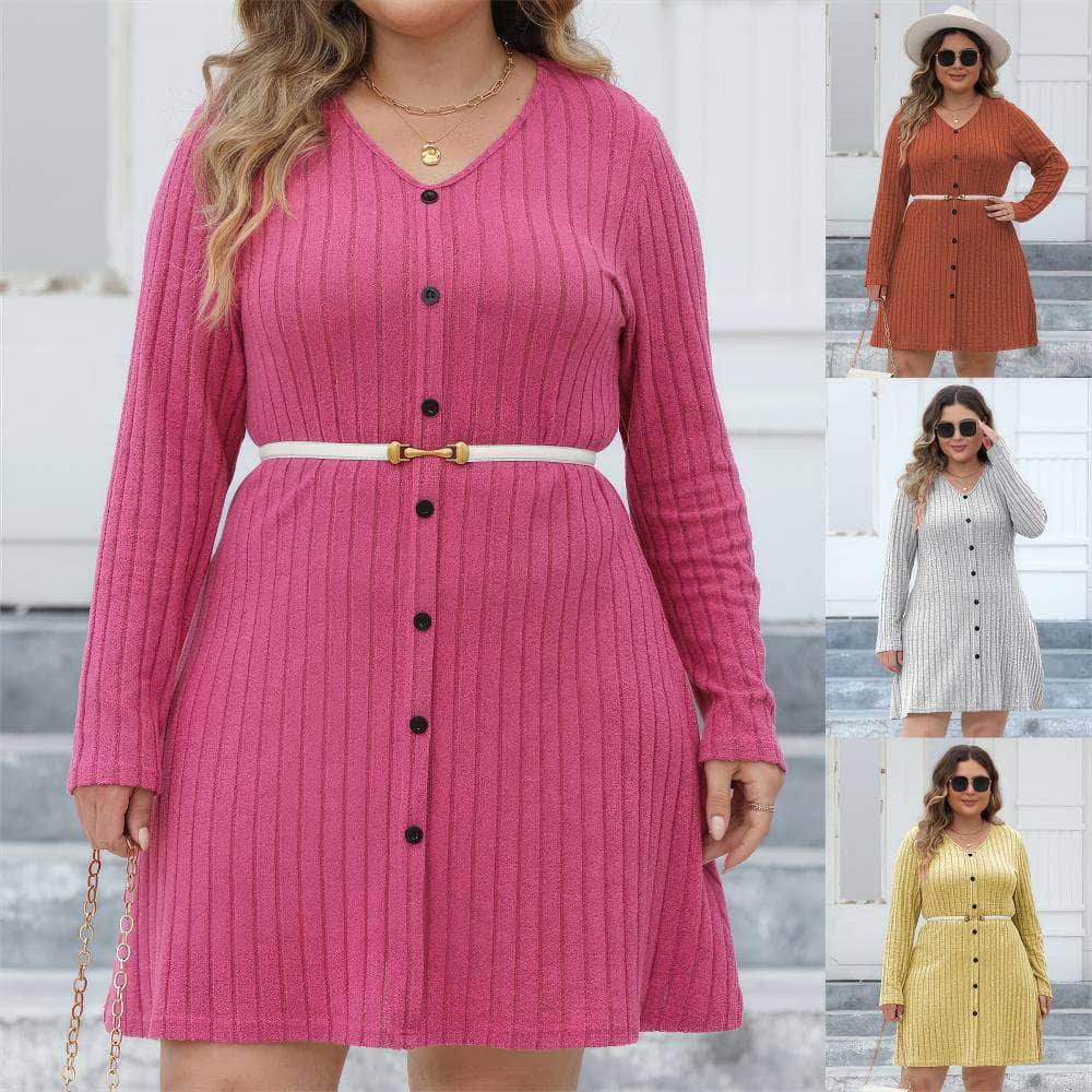 Plus Size Buttoned Down Rib Knitted Dress