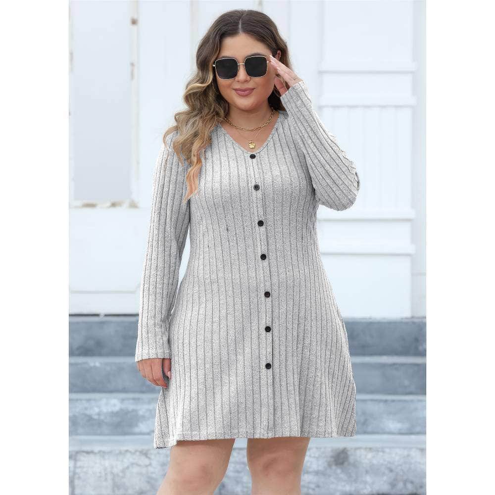 Plus Size Buttoned Down Rib Knitted Dress