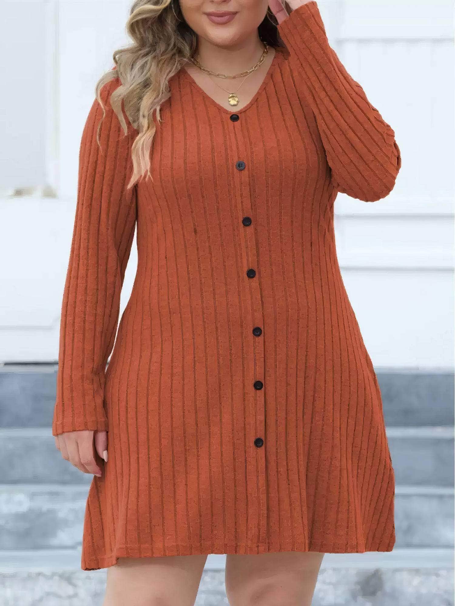 Plus Size Buttoned Down Rib Knitted Dress