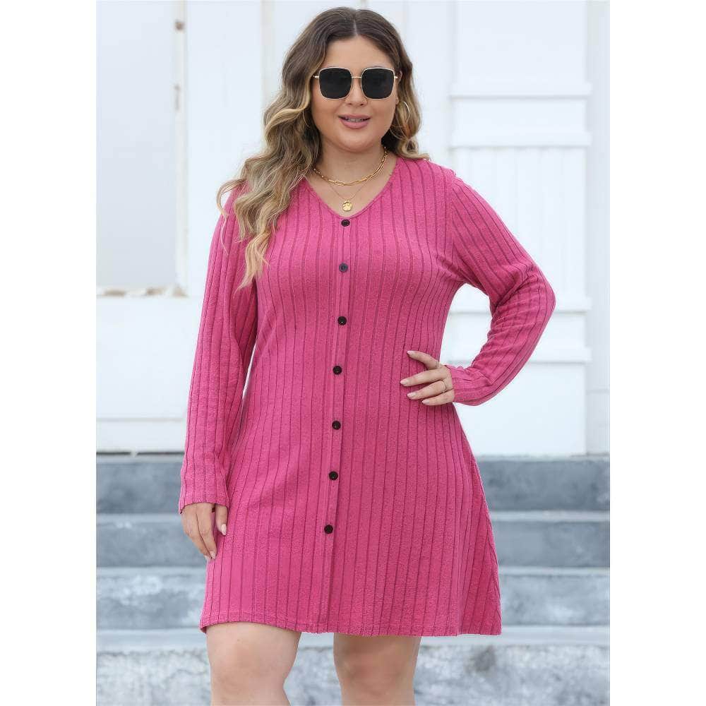 Plus Size Buttoned Down Rib Knitted Dress