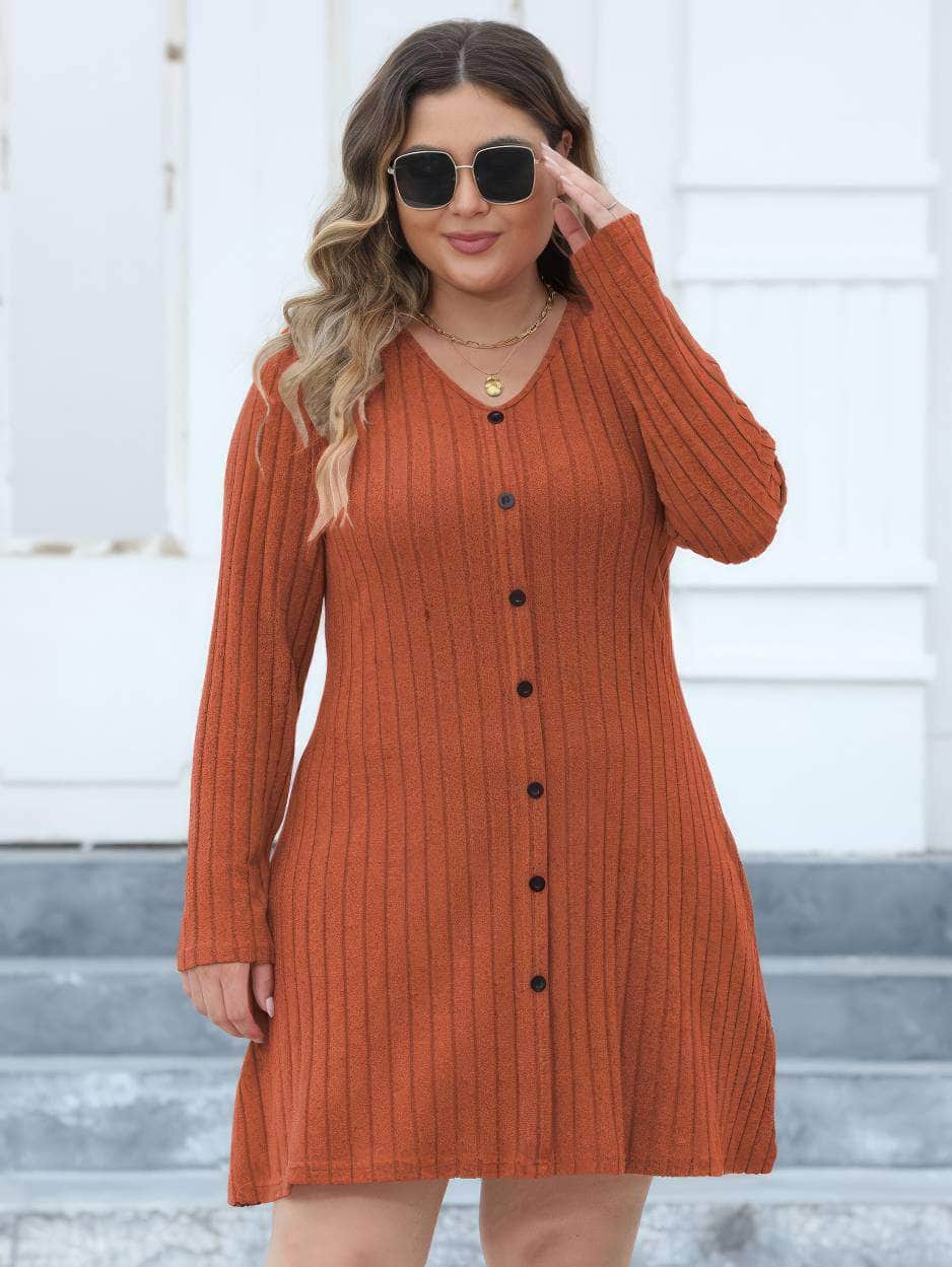 Plus Size Buttoned Down Rib Knitted Dress US 12-14 / Brown