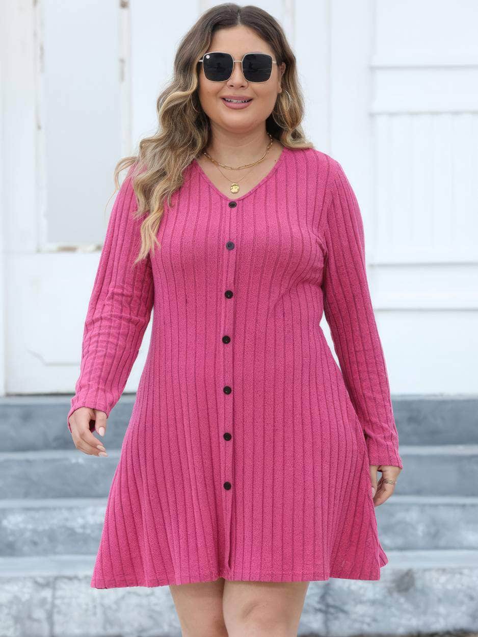 Plus Size Buttoned Down Rib Knitted Dress US 12-14 / DeepPink