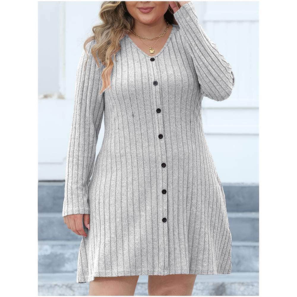 Plus Size Buttoned Down Rib Knitted Dress US 12-14 / Gray