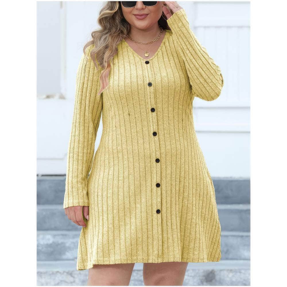 Plus Size Buttoned Down Rib Knitted Dress US 12-14 / Yellow