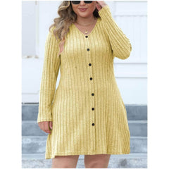 Plus Size Buttoned Down Rib Knitted Dress US 12-14 / Yellow