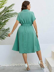 Plus Size Collared Button Waist Sash Flared Hem Dress