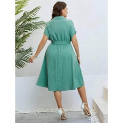 Plus Size Collared Button Waist Sash Flared Hem Dress