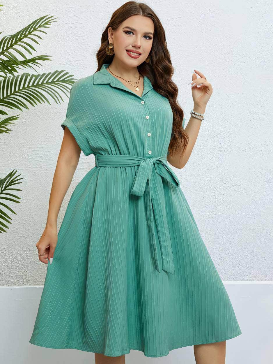 Plus Size Collared Button Waist Sash Flared Hem Dress US 16-18 / LightSeaGreen
