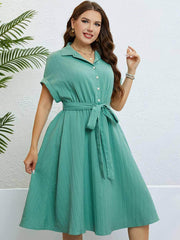 Plus Size Collared Button Waist Sash Flared Hem Dress US 16-18 / LightSeaGreen