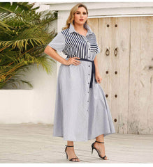 Plus Size Collared Striped Belted Dress
