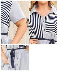 Plus Size Collared Striped Belted Dress