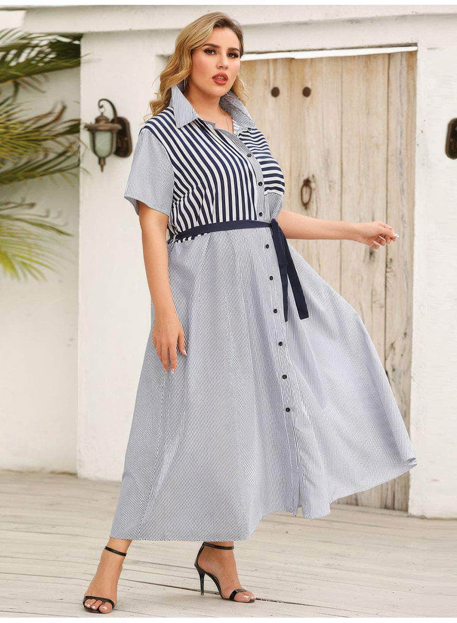 Plus Size Collared Striped Belted Dress