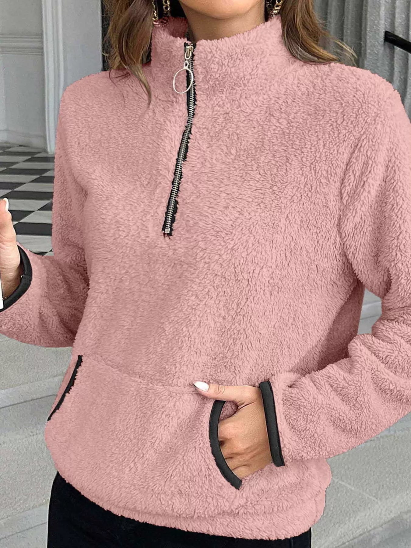 Plus Size Cozy Fleece Quarter Zip Sweatshirt with Pockets