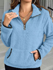 Plus Size Cozy Fleece Quarter Zip Sweatshirt with Pockets Sky Blue / 1XL
