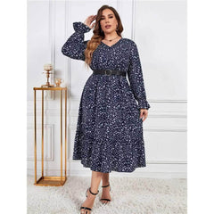 Plus Size Ditsy Floral Print Flounce Sleeves Maxi Dress