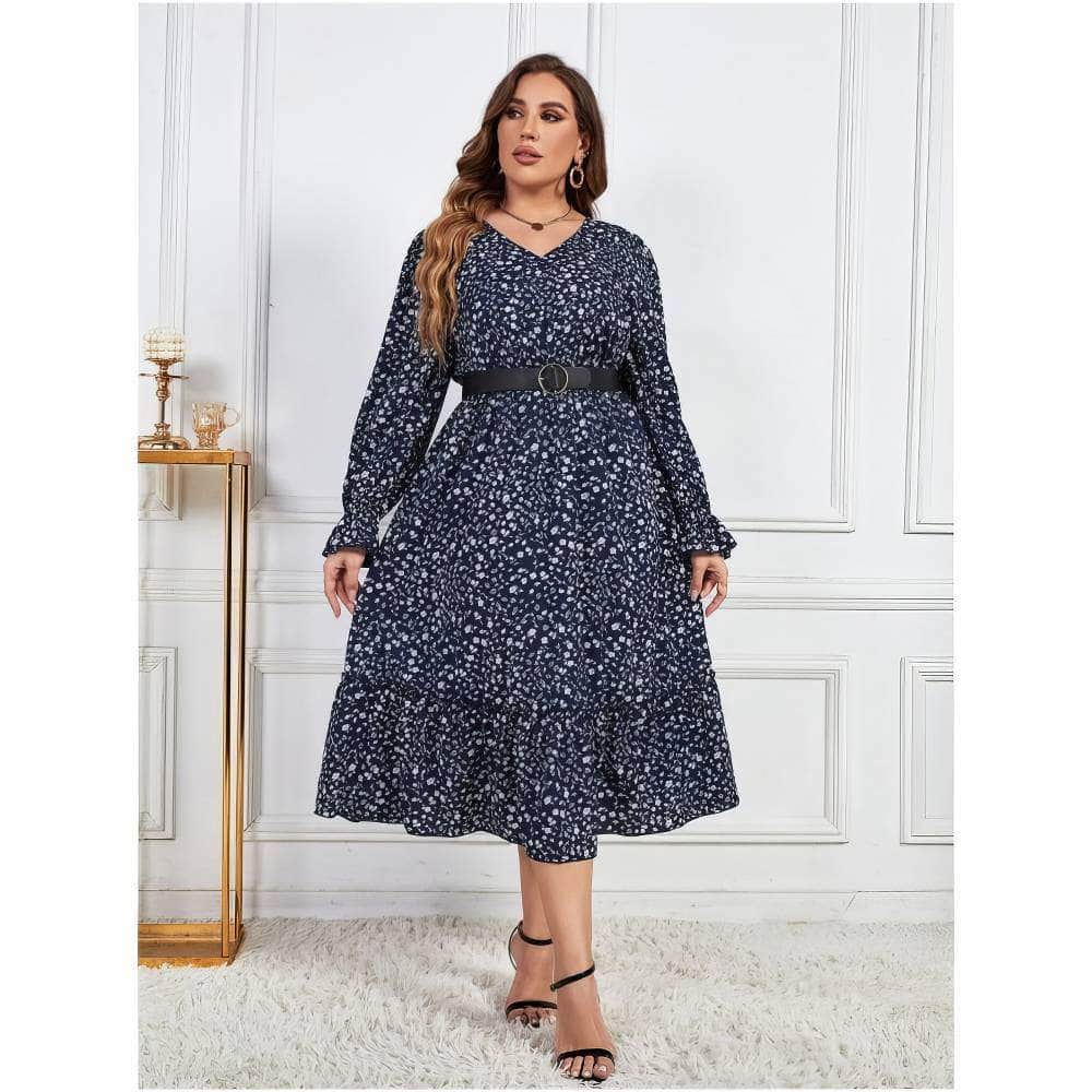 Plus Size Ditsy Floral Print Flounce Sleeves Maxi Dress