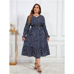 Plus Size Ditsy Floral Print Flounce Sleeves Maxi Dress