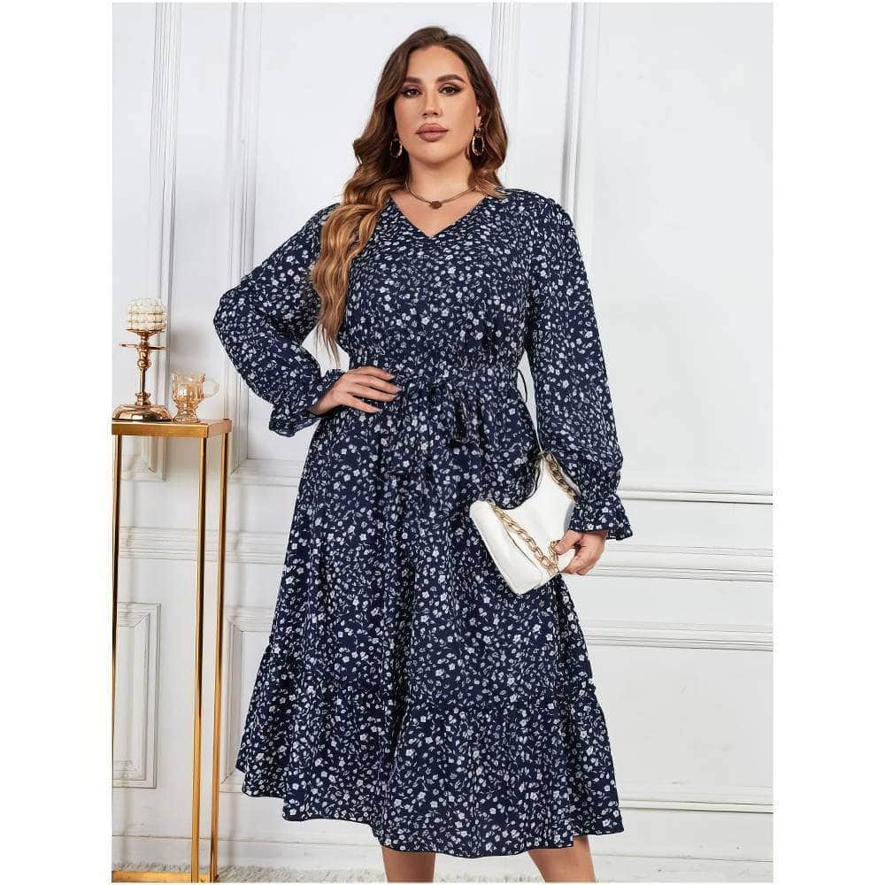 Plus Size Ditsy Floral Print Flounce Sleeves Maxi Dress