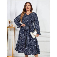 Plus Size Ditsy Floral Print Flounce Sleeves Maxi Dress