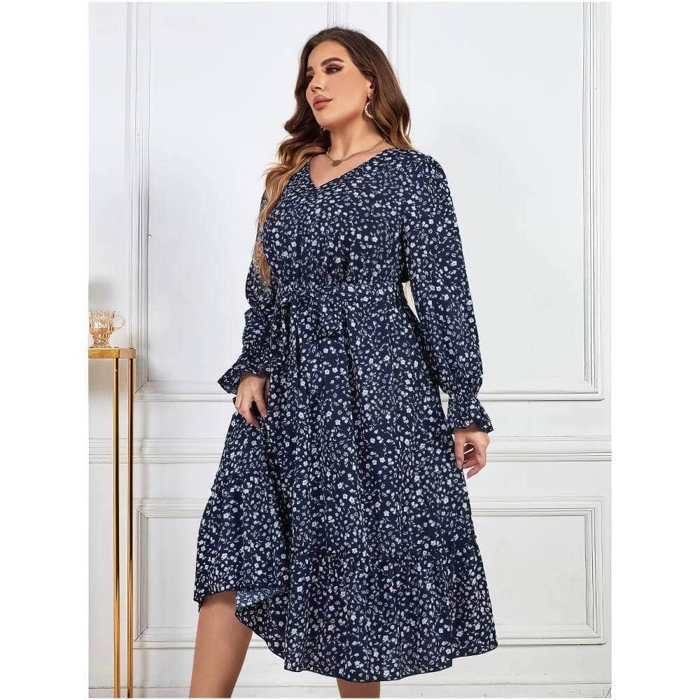 Plus Size Ditsy Floral Print Flounce Sleeves Maxi Dress