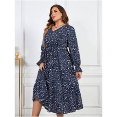 Plus Size Ditsy Floral Print Flounce Sleeves Maxi Dress