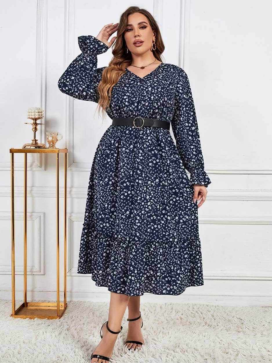 Plus Size Ditsy Floral Print Flounce Sleeves Maxi Dress US 16-18 / Navy