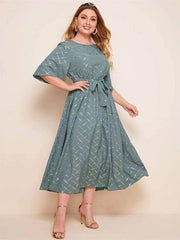 Plus Size Flared Sleeves Holographic Print Maxi Dress