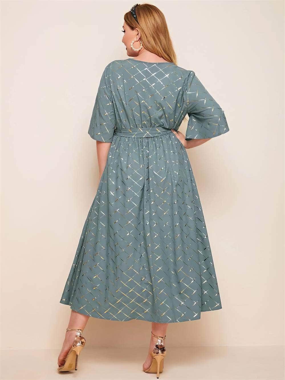 Plus Size Flared Sleeves Holographic Print Maxi Dress