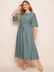 Plus Size Flared Sleeves Holographic Print Maxi Dress