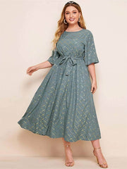 Plus Size Flared Sleeves Holographic Print Maxi Dress US 16-18 / CadetBlue