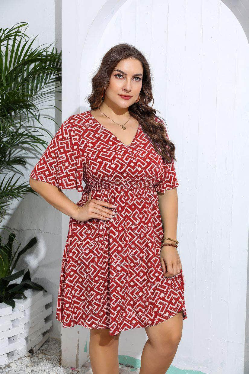 Plus Size Flared Sleeves Ruched Waist Geometric Print Midi Dress