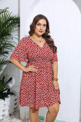 Plus Size Flared Sleeves Ruched Waist Geometric Print Midi Dress
