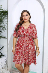 Plus Size Flared Sleeves Ruched Waist Geometric Print Midi Dress