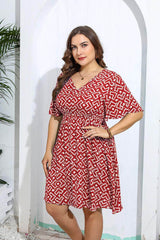Plus Size Flared Sleeves Ruched Waist Geometric Print Midi Dress