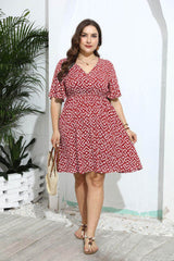 Plus Size Flared Sleeves Ruched Waist Geometric Print Midi Dress