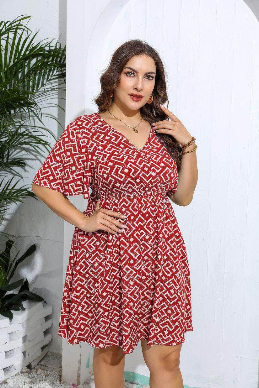 Plus Size Flared Sleeves Ruched Waist Geometric Print Midi Dress