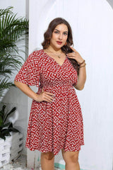 Plus Size Flared Sleeves Ruched Waist Geometric Print Midi Dress