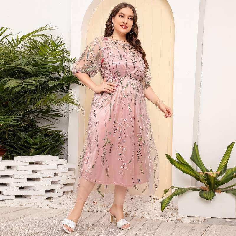 Plus Size Floral Embroidered Mesh Lace Dress