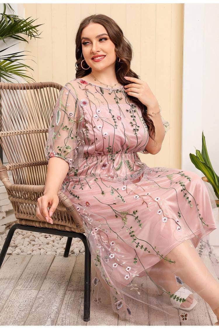 Plus Size Floral Embroidered Mesh Lace Dress