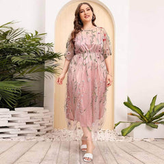 Plus Size Floral Embroidered Mesh Lace Dress