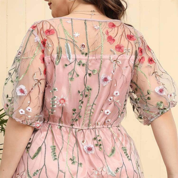 Plus Size Floral Embroidered Mesh Lace Dress