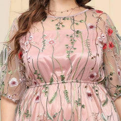 Plus Size Floral Embroidered Mesh Lace Dress