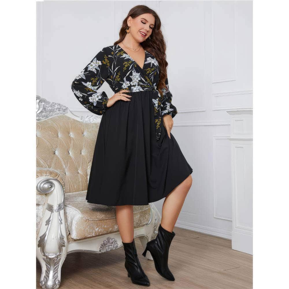 Plus Size Floral Print Surplice Neck Midi Dress