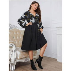 Plus Size Floral Print Surplice Neck Midi Dress