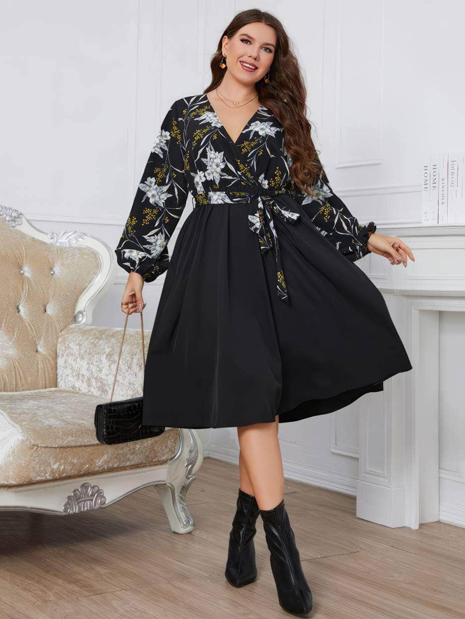 Plus Size Floral Print Surplice Neck Midi Dress