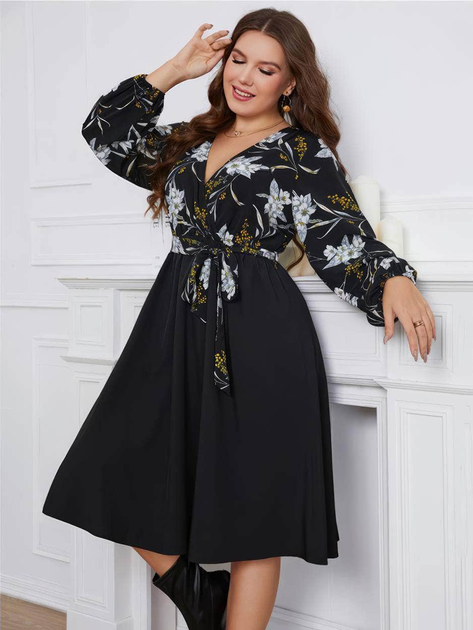 Plus Size Floral Print Surplice Neck Midi Dress US 16-18 / Black