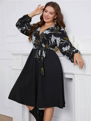 Plus Size Floral Print Surplice Neck Midi Dress US 16-18 / Black