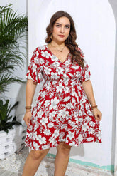 Plus Size Floral Print V Neck Flared Sleeves Dress US 16-18 / Red